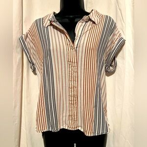 A New Day Women's Sz M Lightweight Red/White/Blue Striped  Button down Blouse